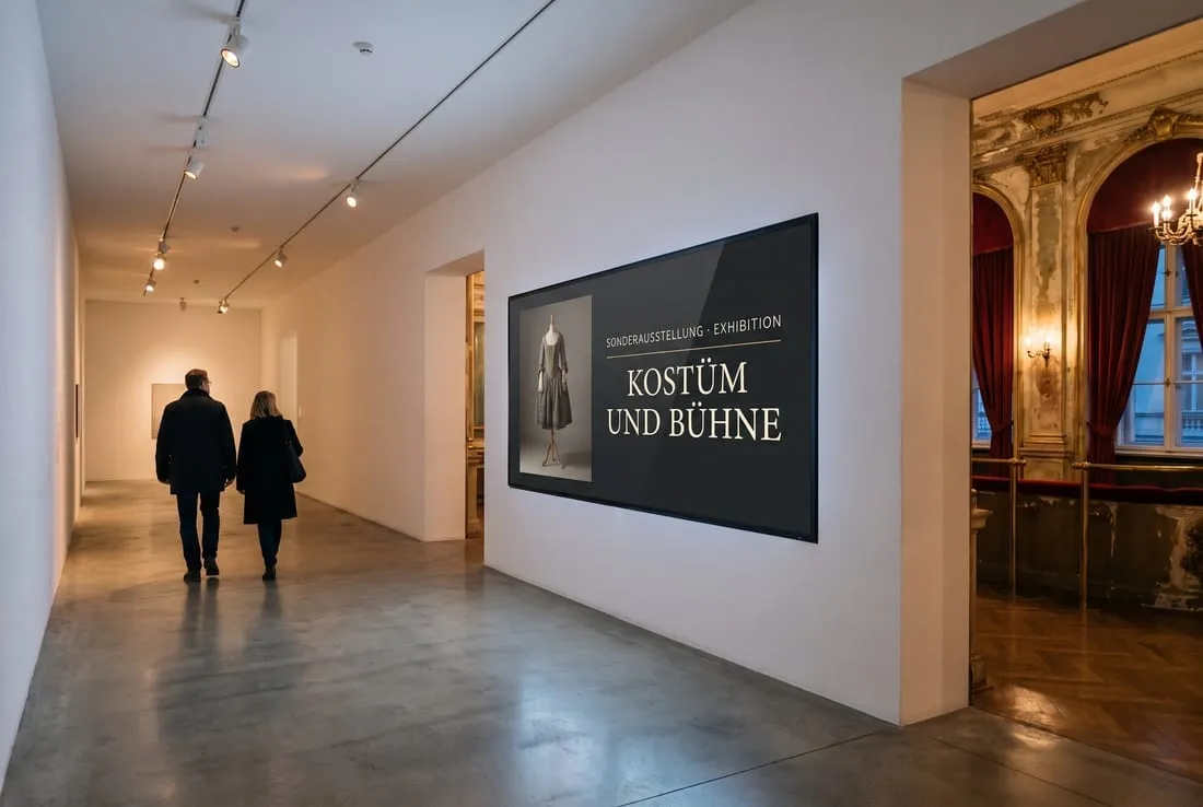 Ein weißer Ausstellungsgang im Museumsflügel; ein großer Bildschirm bewirbt eine Sonderausstellung.