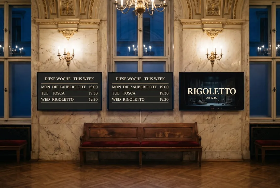 Drei Panels nebeneinander im Foyer; zwei zeigen das Haus-Layout, das dritte eine Kampagne, die sie übernommen hat.