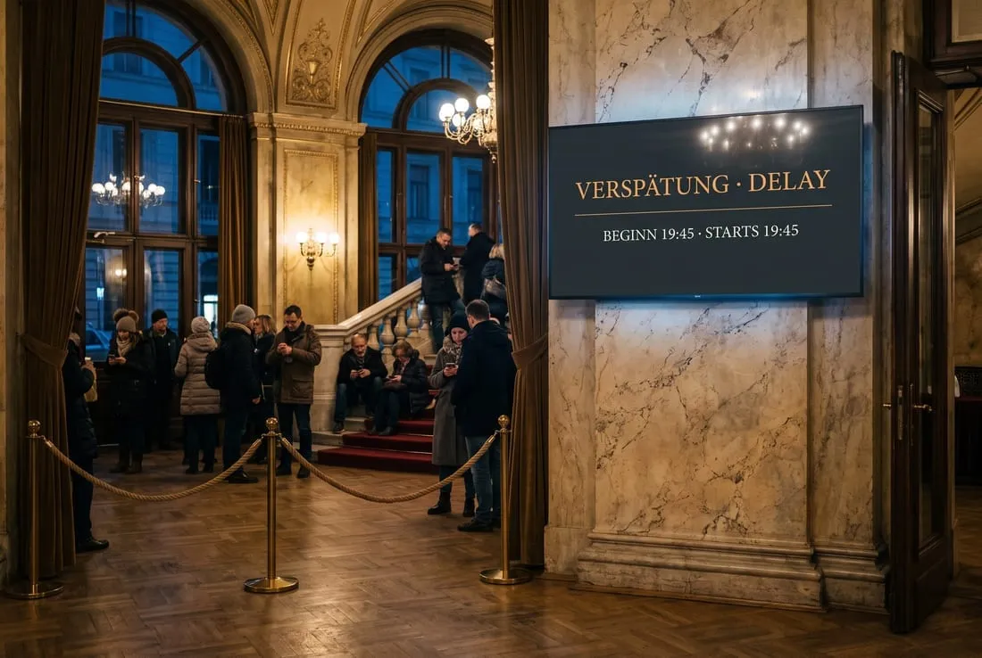 Das Publikum wartet im Foyer bei noch geschlossenen Saaltüren; ein Panel darüber meldet eine Verspätung.